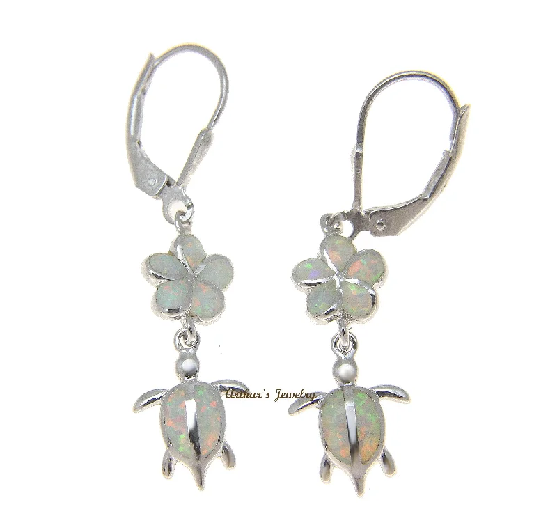 INLAY OPAL SILVER 925 HAWAIIAN PLUMERIA FLOWER HONU TURTLE LEVERBACK EARRINGS