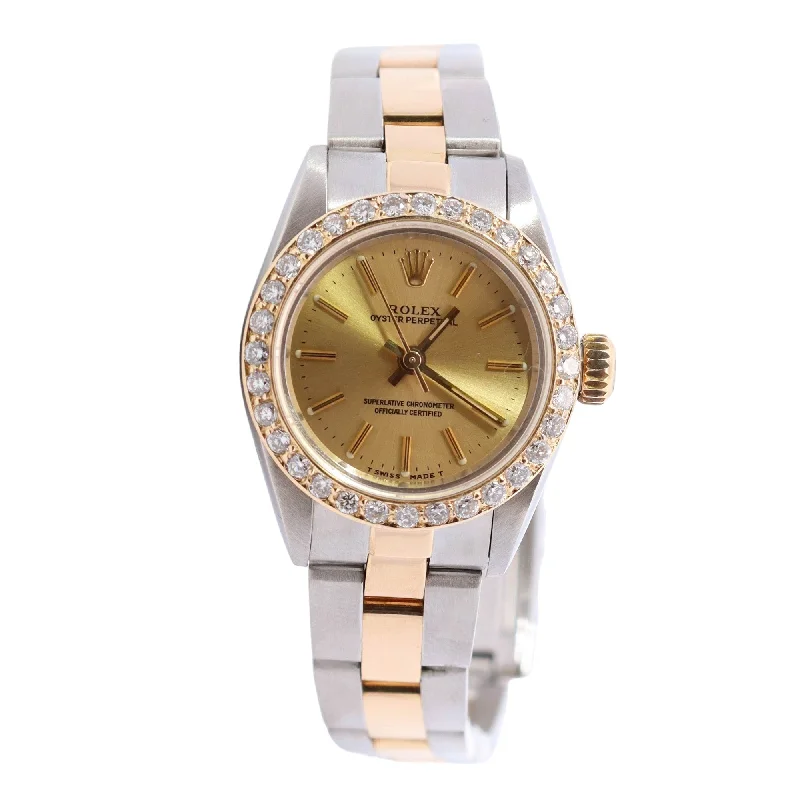 Rolex Oyster Perpetual Yellow Gold & Steel 26mm Champagne Stick Dial Watch Reference# 76183