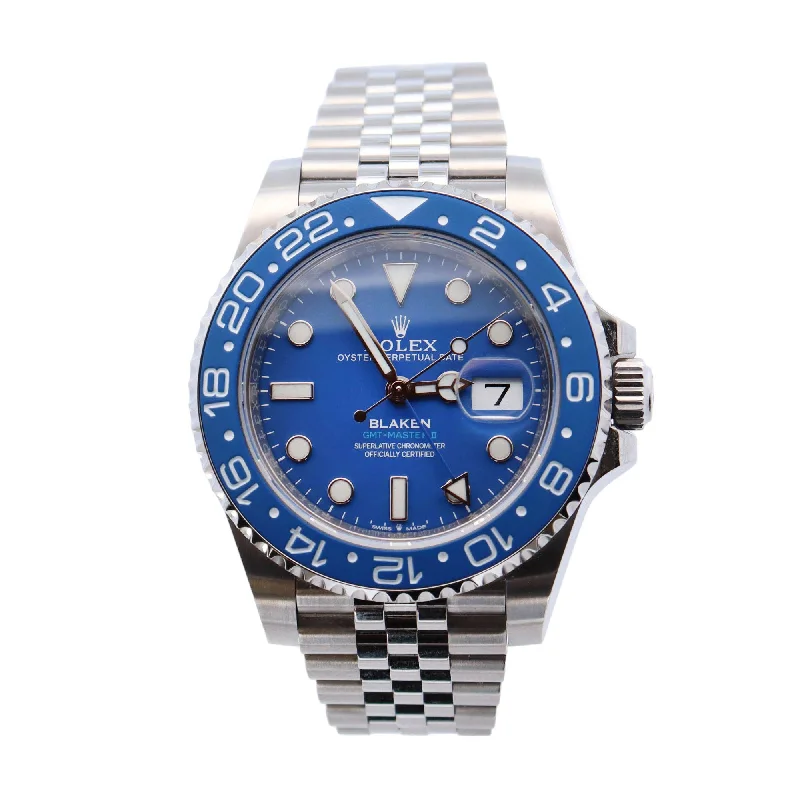 Blaken Rolex GMT-Master II Stainless Steel 40mm Blue Dot Dial Watch Reference# 126710BLNR