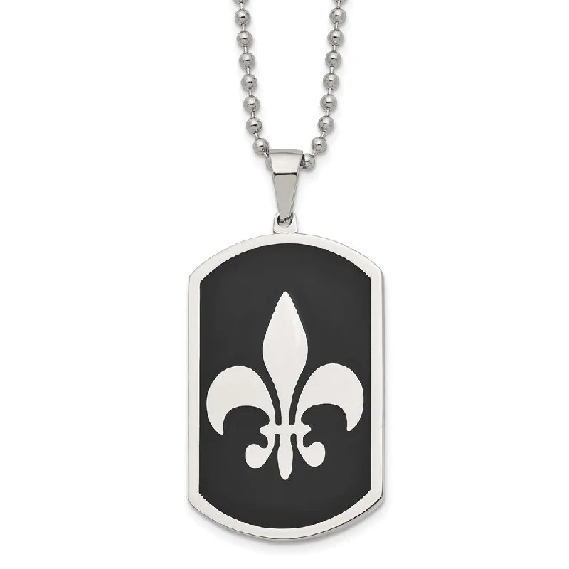 Stainless Steel & Black Plated LG Fleur de lis Dog Tag Necklace, 24 In