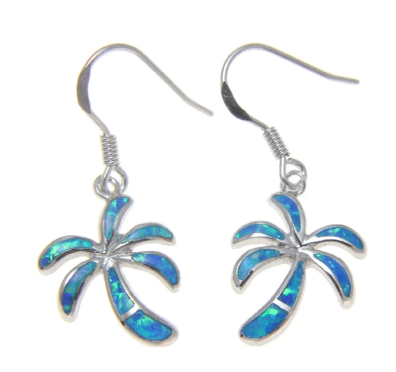 INLAY OPAL HAWAIIAN PALM TREE WIRE HOOK EARRINGS SOLID 925 STERLING SILVER