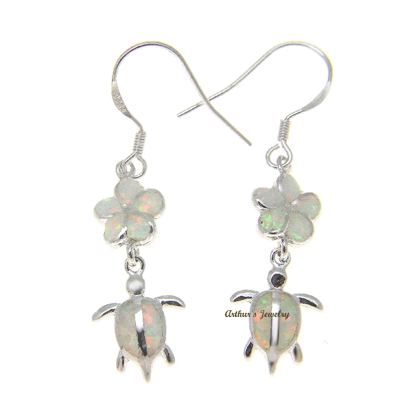 INLAY OPAL SILVER 925 HAWAIIAN PLUMERIA FLOWER HONU TURTLE WIRE HOOK EARRINGS