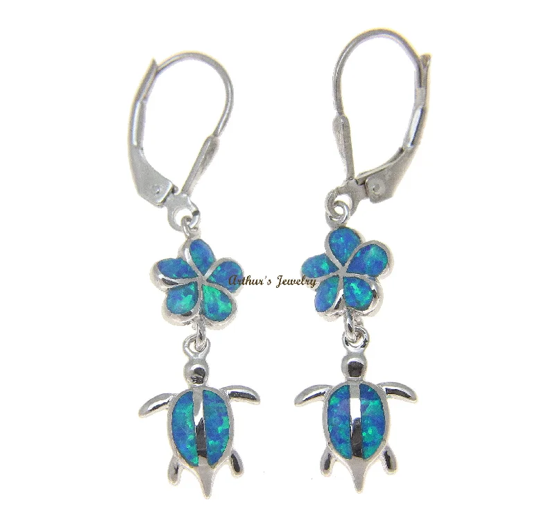 INLAY OPAL SILVER 925 HAWAIIAN PLUMERIA FLOWER HONU TURTLE LEVERBACK EARRINGS