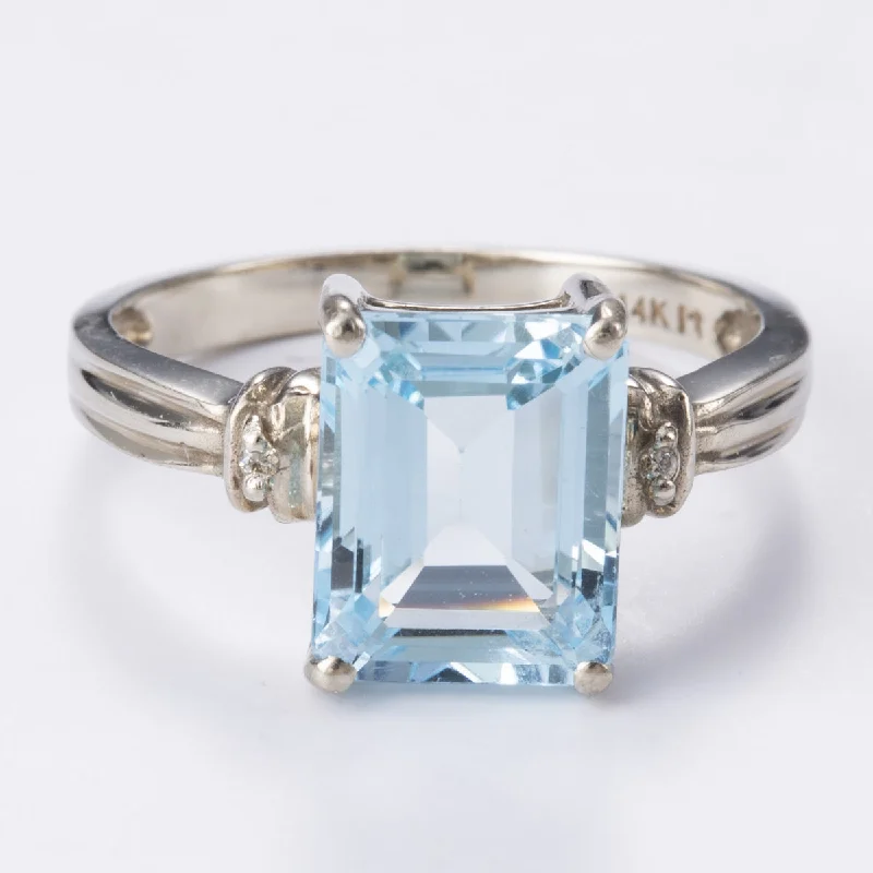 14k White Gold Diamond and Blue Topaz Ring | 0.01ctw, 3.50ct | Sz 7