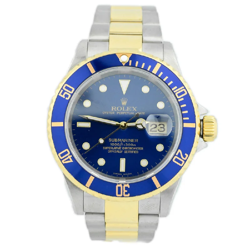 Rolex Men's Submariner Date 18K Yellow Gold & Steel 40mm Blue Dot Dial Watch Reference #: 16613LB