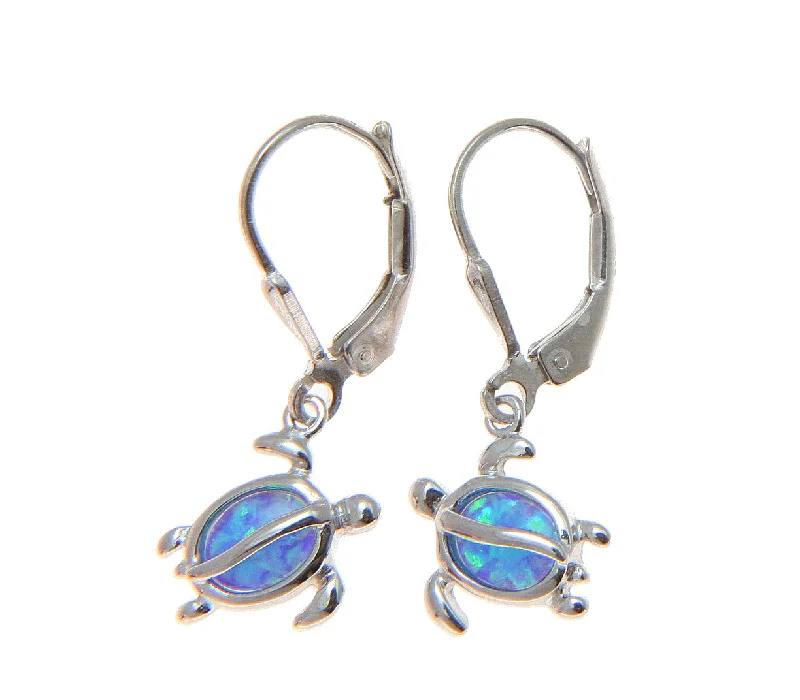 925 Sterling Silver Rhodium Hawaiian Honu Turtle Blue Opal Leverback Earrings