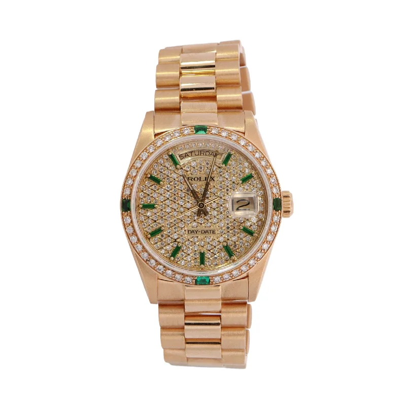 Rolex Day-Date Yellow Gold 36mm Custom Pave Diamond & Emerald Dial Watch Reference #: 18038