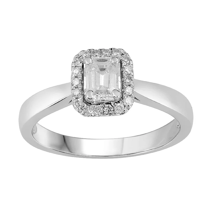 Emerald Halo Solitaire Ring with 0.55ct of Diamonds in 18ct White Gold