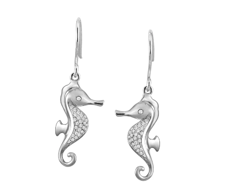 SOLID 925 STERLING SILVER HAWAIIAN SEAHORSE CZ WIRE HOOK EARRINGS RHODIUM