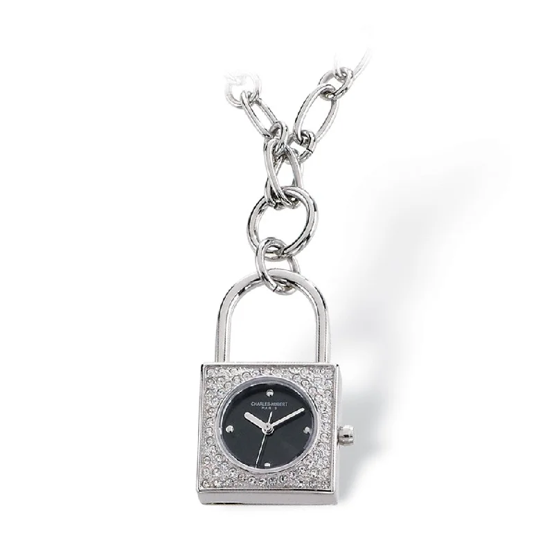 Ladies, Stainless Steel, Black Dial Padlock Pendant Watch Necklace