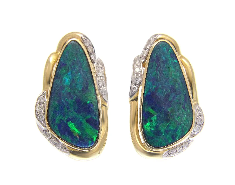 GENUINE AUSTRALIAN OPAL DIAMOND EARRINGS OMEGA BACK SOLID 14K YELLOW GOLD 15MM