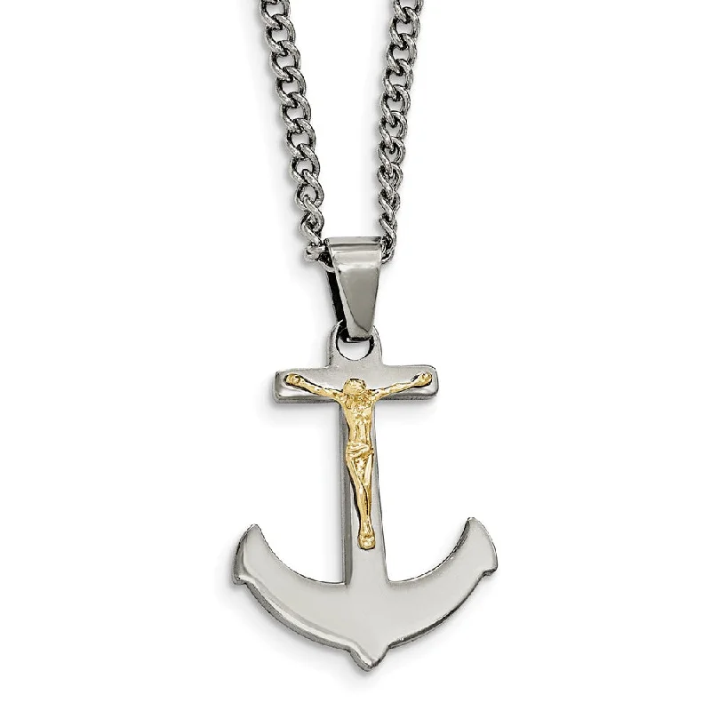 Crucifix Anchor Necklace in Stainless Steel & 14k Gold Plating, 24 in