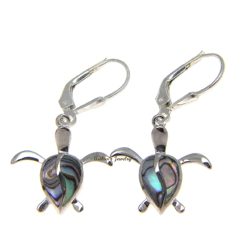 925 Sterling Silver Hawaiian Honu Turtle Abalone Shell Paua Leverback Earrings