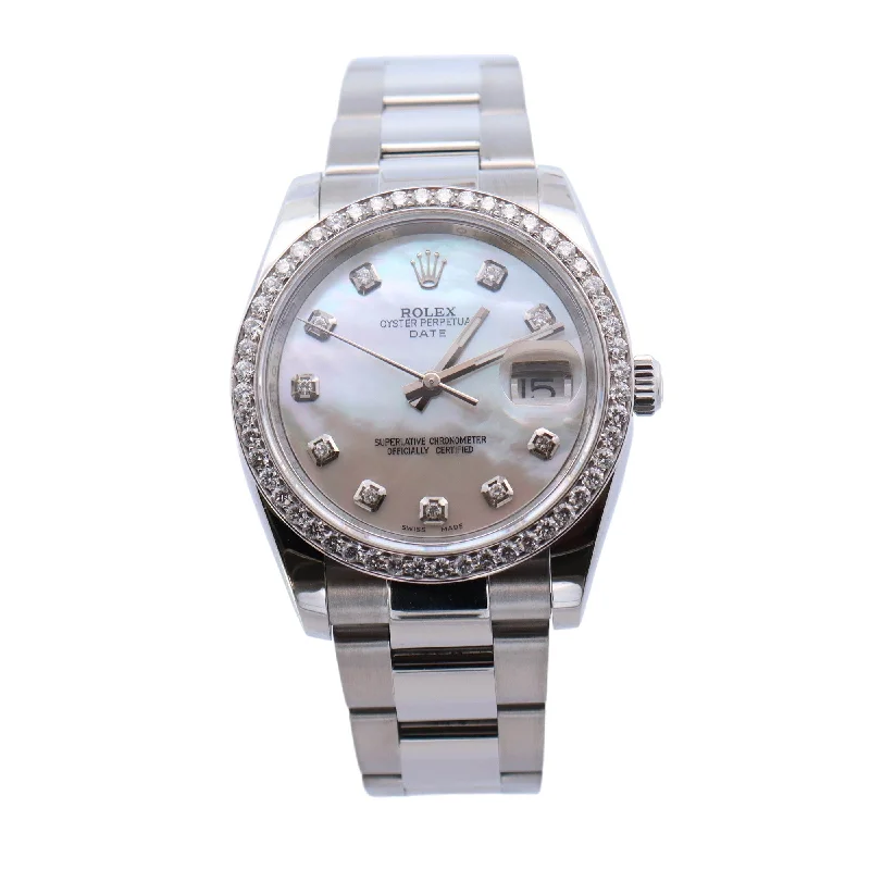 Rolex Oyster Perpetual Date 34mm Stainless Steel Custom White MOP Diamond Dial Watch  Reference #: 115200