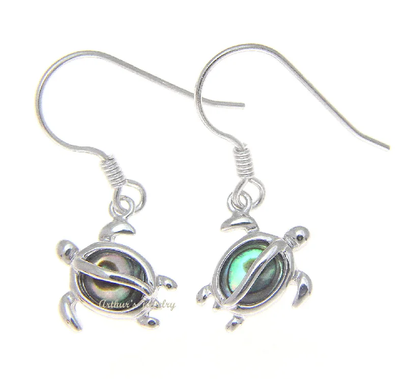 925 Sterling Silver Hawaiian Honu Sea Turtle Abalone Shell Paua Hook Earrings