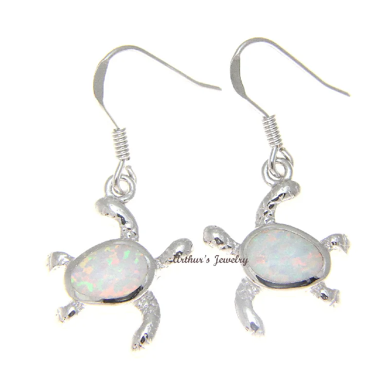 925 Sterling Silver Rhodium Hawaiian Honu Turtle White Opal Hook Wire Earrings