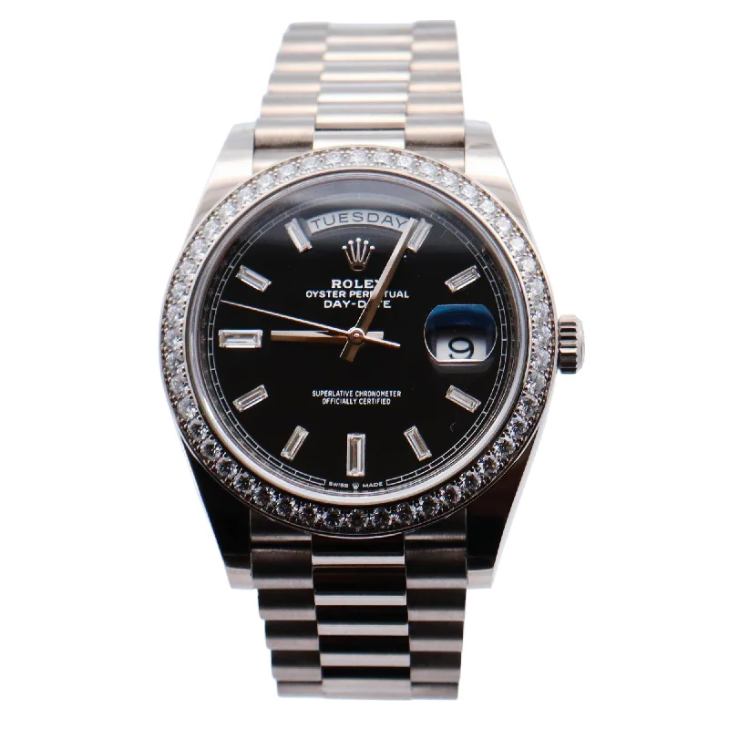 Rolex Day-Date White Gold 40mm Black Baguette Diamond Dial Watch Reference# 228349RBR