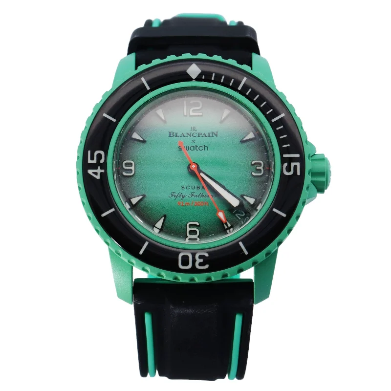 Swatch x Blancpain Green Bioceramic 42mm Green Arabic & Stick Dial Watch Reference #: SO35I100