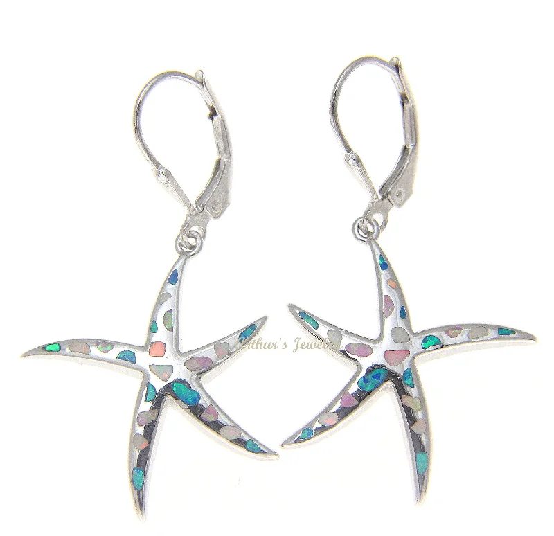 925 Silver Rhodium Hawaiian Starfish Sea Star Multi Opal Leverback Earrings