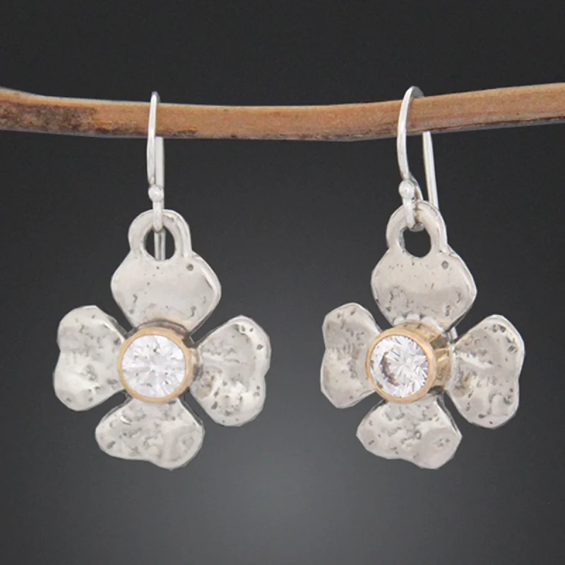 Clover Flower Earrings with Cubic Zirconia in Gold Bezel