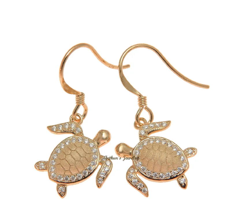 ROSE GOLD ON SOLID 925 STERLING SILVER HAWAIIAN SEA TURTLE HONU HOOK EARRINGS CZ