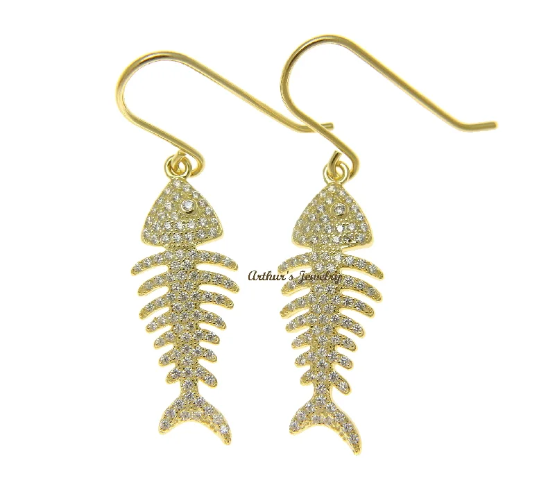 YELLOW GOLD PLATED 925 STERLING SILVER HAWAIIAN FISH BONE HOOK EARRINGS CZ 11MM