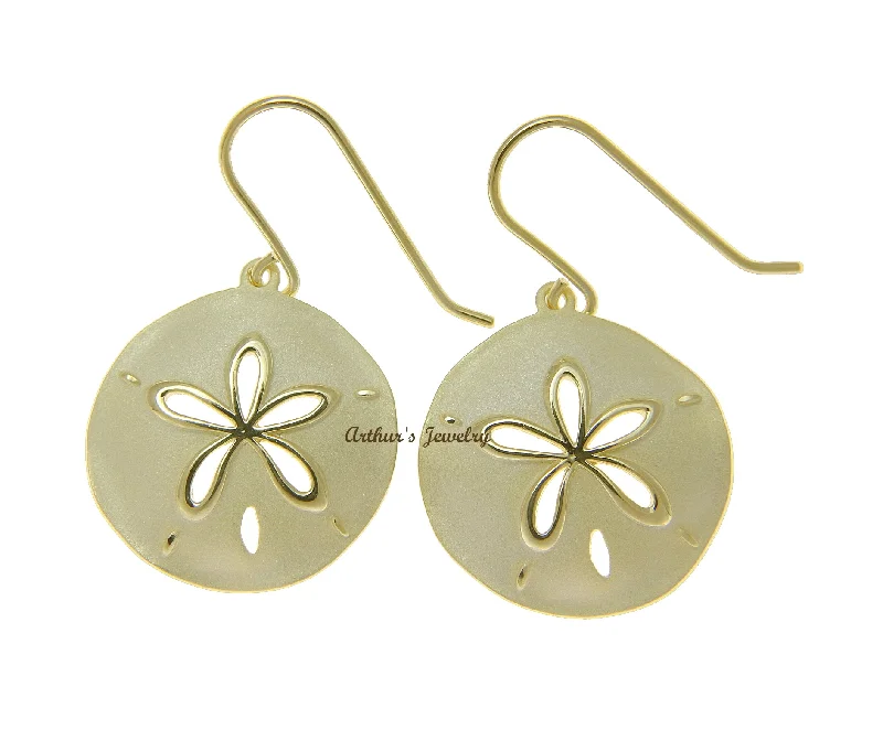 YELLOW GOLD PLATED 925 SILVER HAWAIIAN SAND DOLLAR HOOK EARRINGS 21.50MM