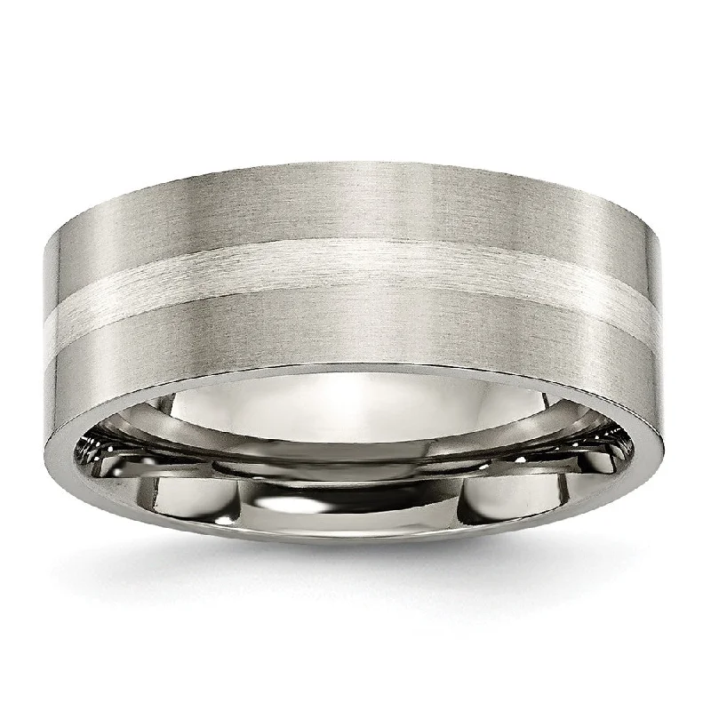 Titanium & Sterling Silver Inlay, 8mm Satin Flat Comfort Fit Band