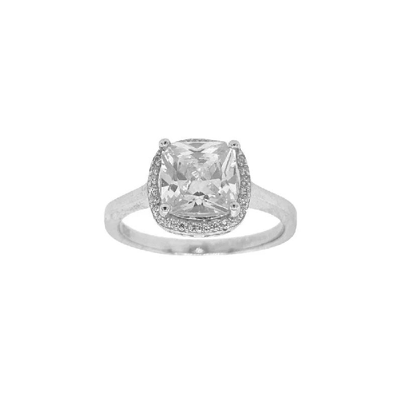 Sterling Silver Cubic Zirconia Cushion Halo Ring