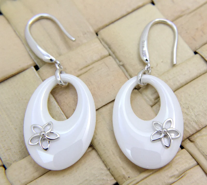 925 Silver Rhodium Hawaiian Plumeria Flower White Ceramic Oval Hook Earrings