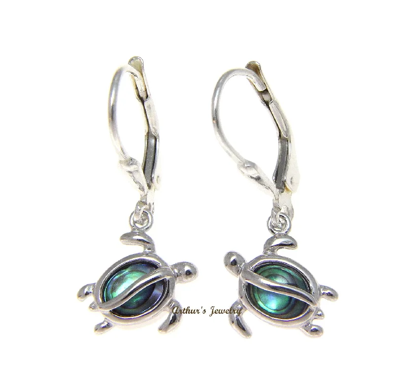 925 Sterling Silver Hawaiian Honu Turtle Abalone Shell Paua Leverback Earrings