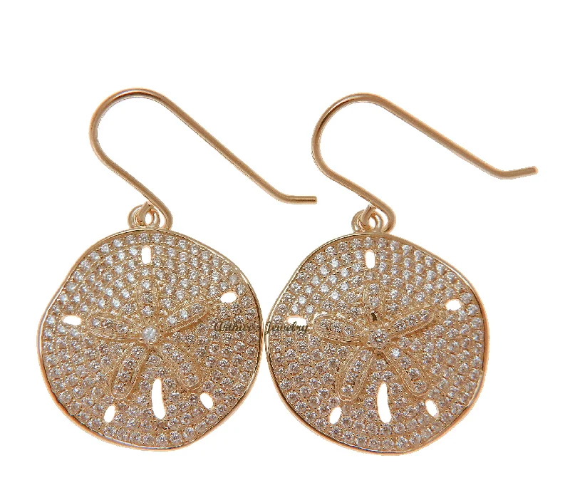 ROSE GOLD PLATED 925 SILVER HAWAIIAN SAND DOLLAR HOOK EARRINGS CZ 21.50MM