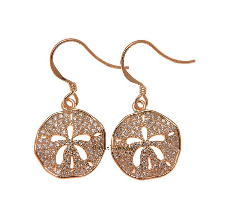 ROSE GOLD PLATED 925 SILVER HAWAIIAN SAND DOLLAR HOOK EARRINGS CZ 15MM