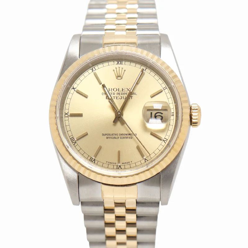 Rolex Datejust Two Tone Yellow Gold & Steel 36mm Champagne Stick Dial Watch Reference #: 16233