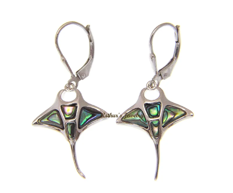 925 Sterling Silver Hawaiian Manta Ray Abalone Paua Shell Leverback Earrings