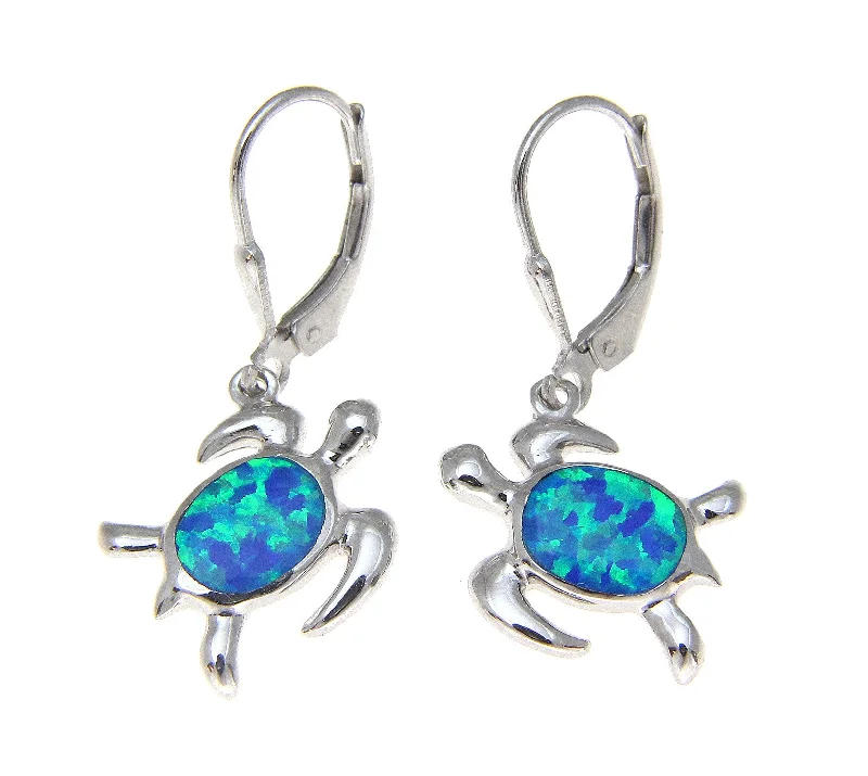 925 Sterling Silver Rhodium Hawaiian Honu Sea Turtle Opal Leverback Earrings