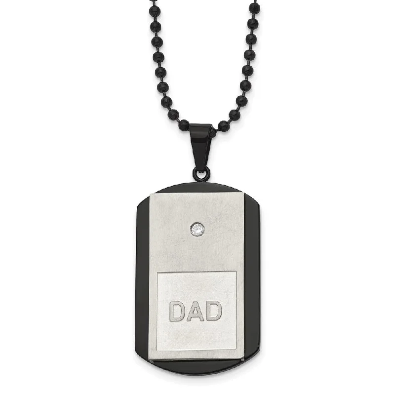 Men's Stainless Steel, Black Plated & CZ DAD Dog Tag Necklace, 22 Inch