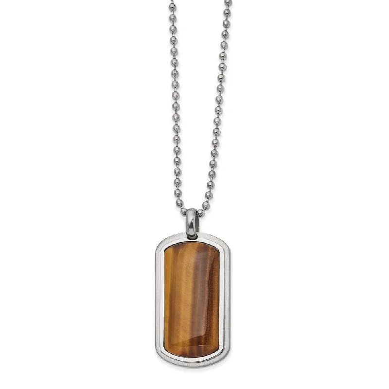 Men's Stainless Steel & Tiger's Eye Dog Tag Necklace, 22 Inch