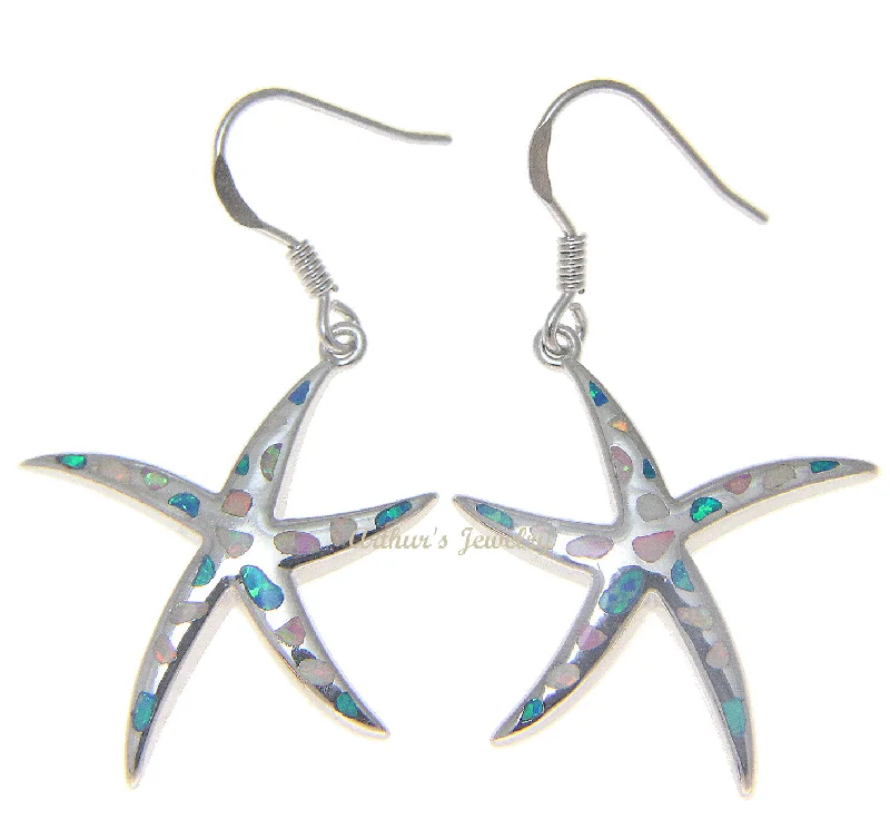 925 Silver Rhodium Hawaiian Starfish Sea Star Multi Opal Hook Wire Earrings