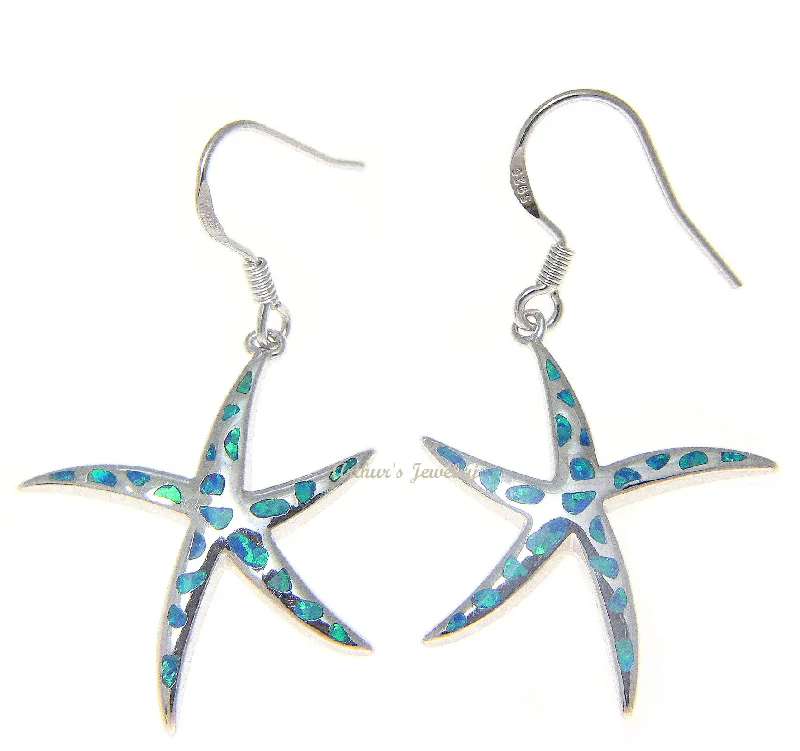 925 Silver Rhodium Hawaiian Starfish Sea Star Blue Opal Hook Wire Earrings