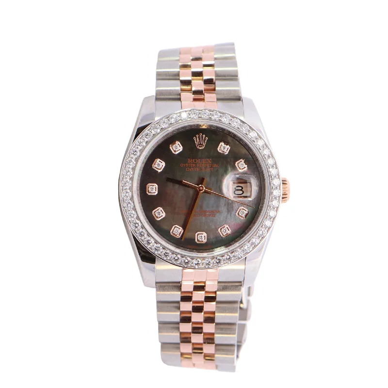 Rolex Datejust Two Tone Rose Gold & Stainless Steel 36mm Dark MOP Diamond Dial Watch Reference #: 116231