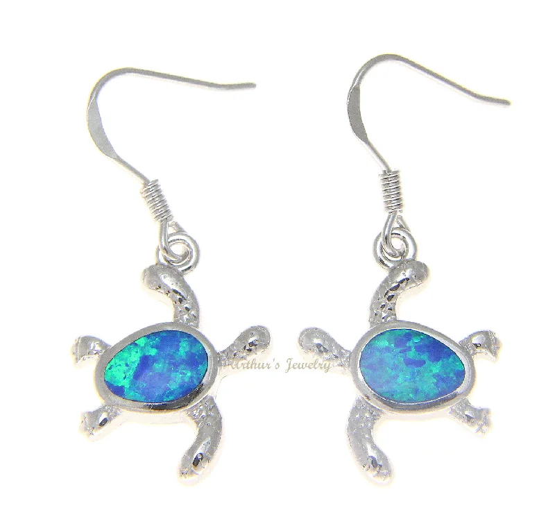 925 Sterling Silver Rhodium Hawaiian Honu Sea Turtle Opal Hook Wire Earrings