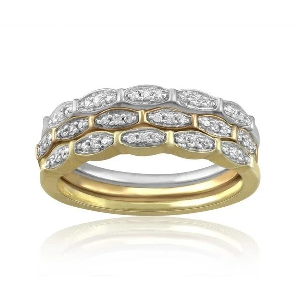 Set of Three Natural White Diamond Bands with 18KT Yellow and Rose Gold Over Sterling Silver.