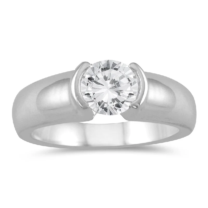 AGS Certified 3/4 Carat Half Bezel Diamond Solitaire Ring in 14K White Gold (I-J Color, I2-I3 Clarity)