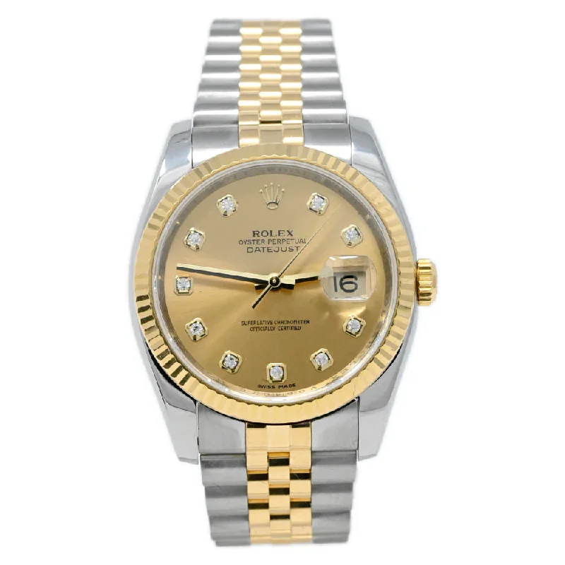 Rolex Datejust Two Tone Yellow Gold & Steel 36mm Champagne Diamond Dial Watch Reference #: 116233