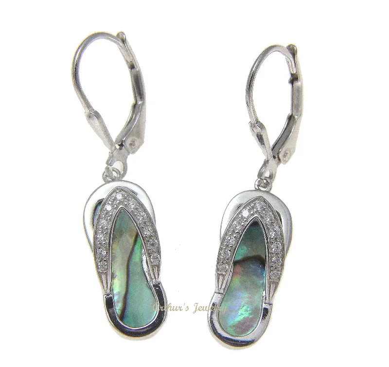 925 Sterling Silver Hawaiian CZ Slipper Abalone Shell Paua Leverback Earrings