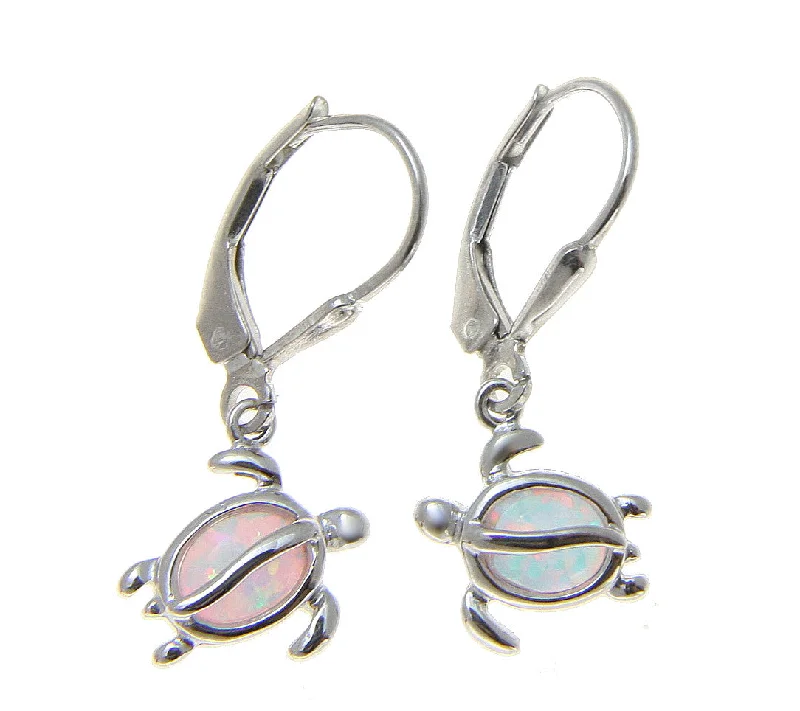 925 Sterling Silver Rhodium Hawaiian Honu Turtle White Opal Leverback Earrings