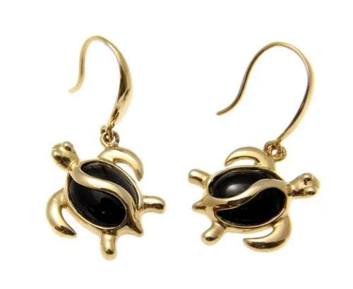 GENUINE NATURAL BLACK CORAL HOOK EARRINGS HAWAIIAN HONU TURTLE 14K YELLOW GOLD