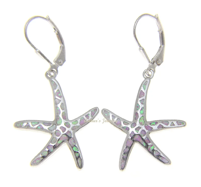 925 Silver Rhodium Hawaiian Starfish Sea Star Pink Opal Leverback Earrings