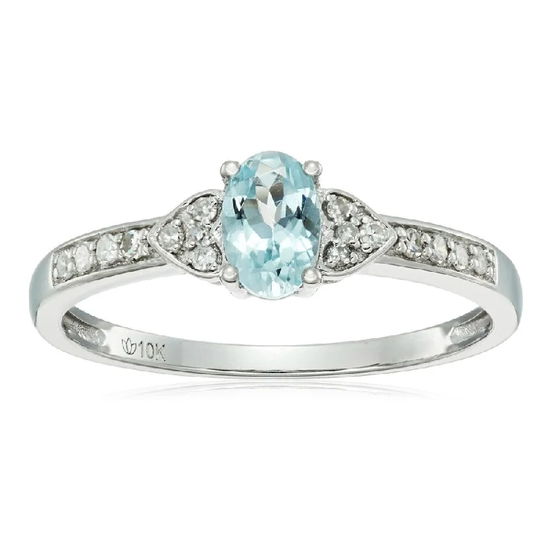 10k White Gold Aquamarine Oval and Diamond Solitaire Ring